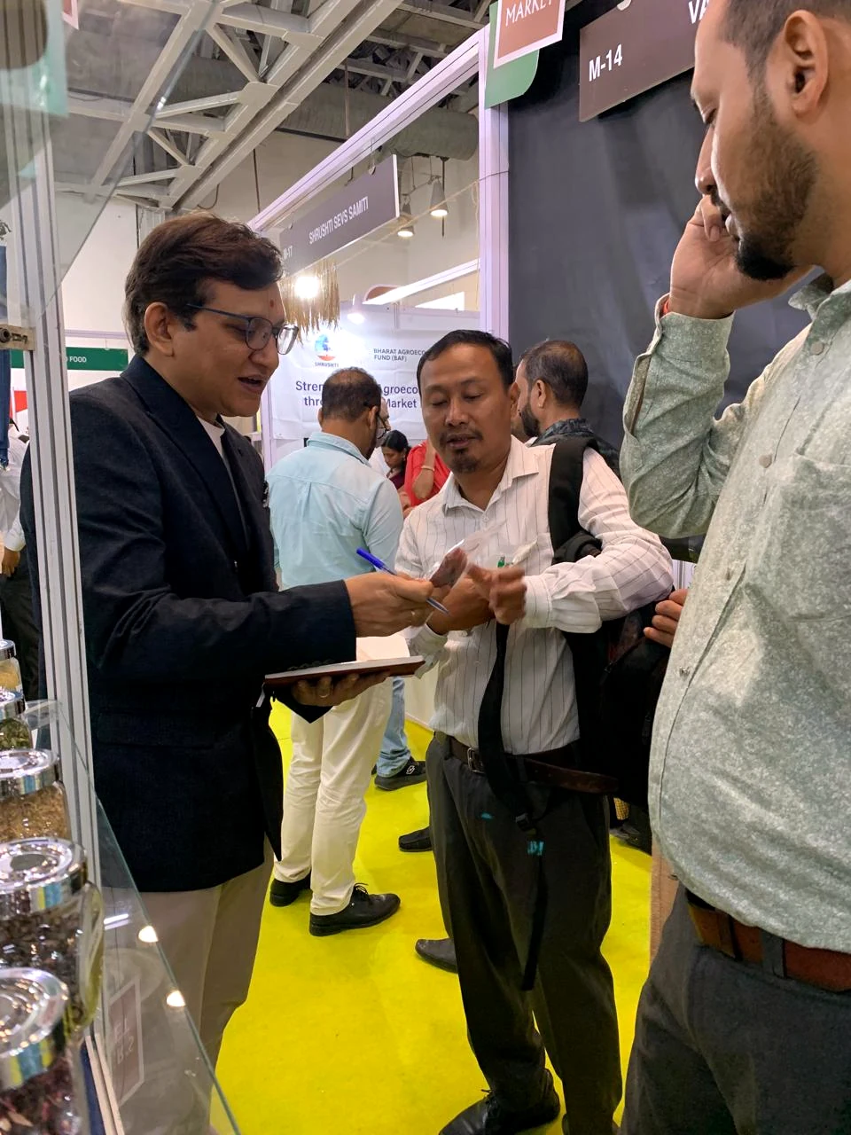 Sharing product details and exchanging ideas.