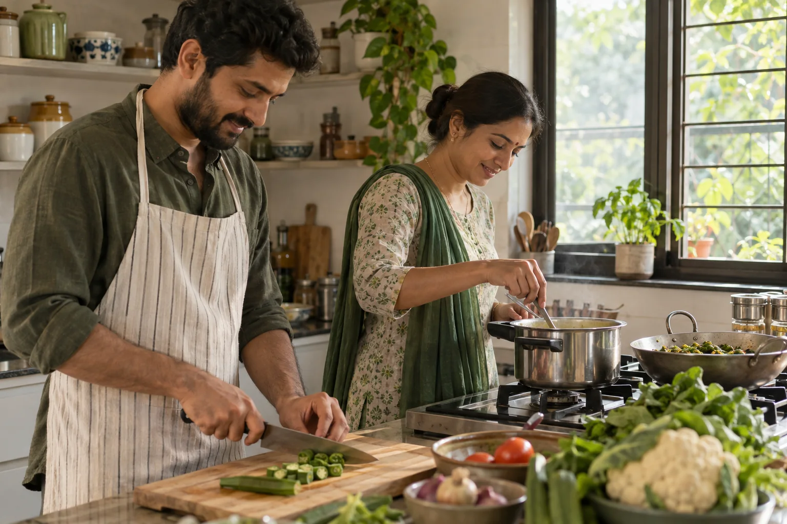 A couple preparing an everyday meal together