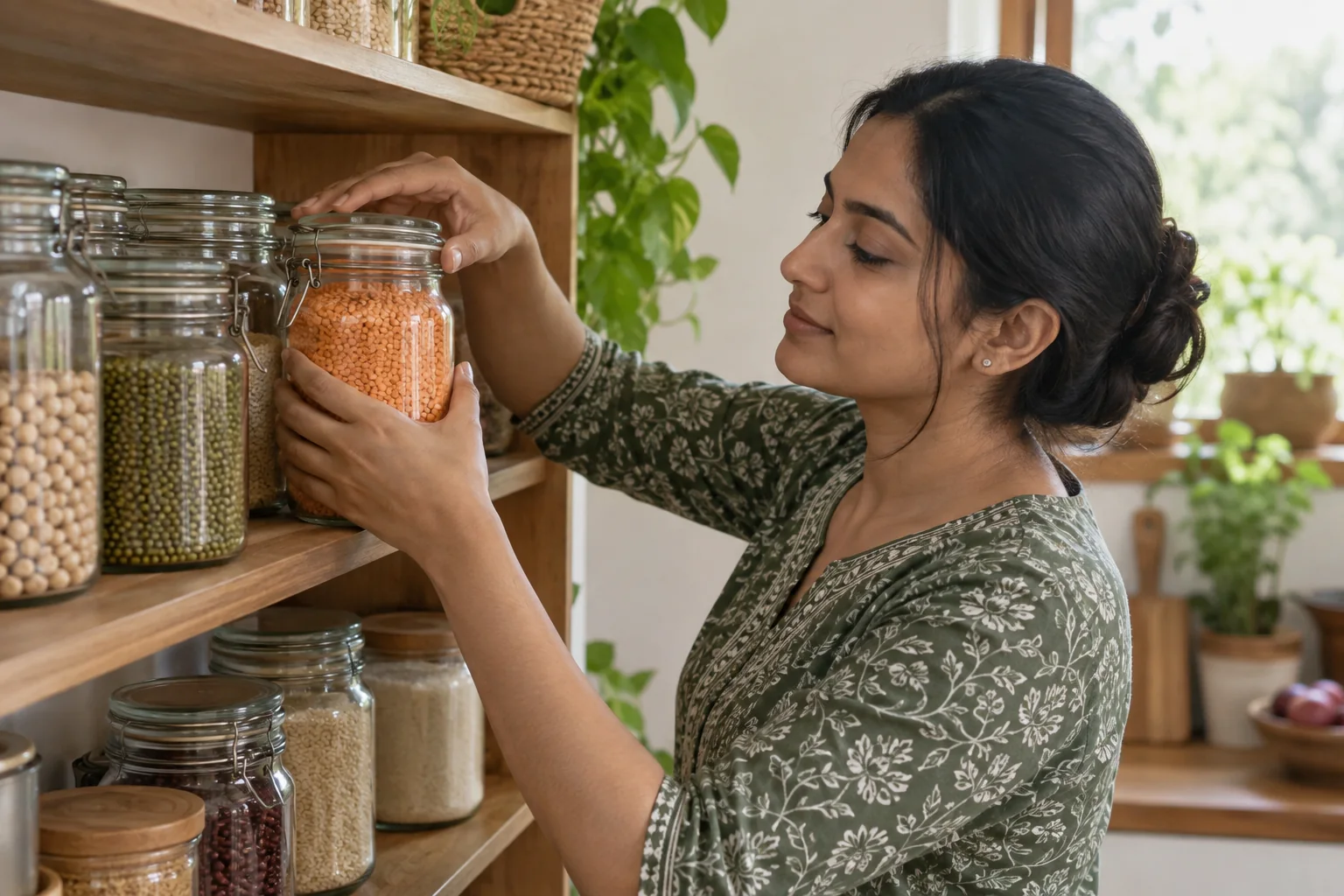 Hands closing an airtight jar of lentils for dry pantry storage