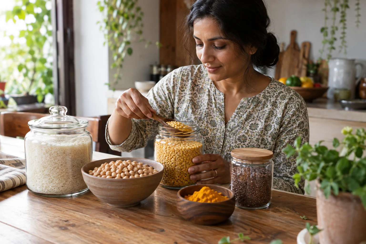 Rice, pulses, seeds and spices arranged separately in a home pantry