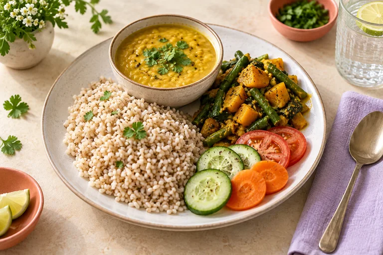 An everyday Indian meal with grains, dal and colourful vegetables