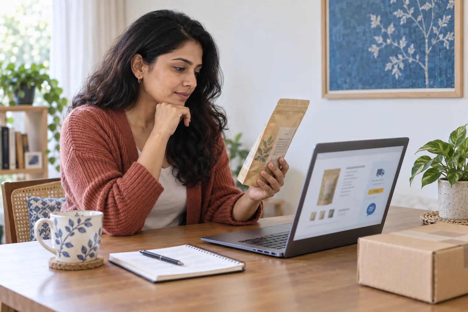 A customer comparing product information and delivery details before buying online