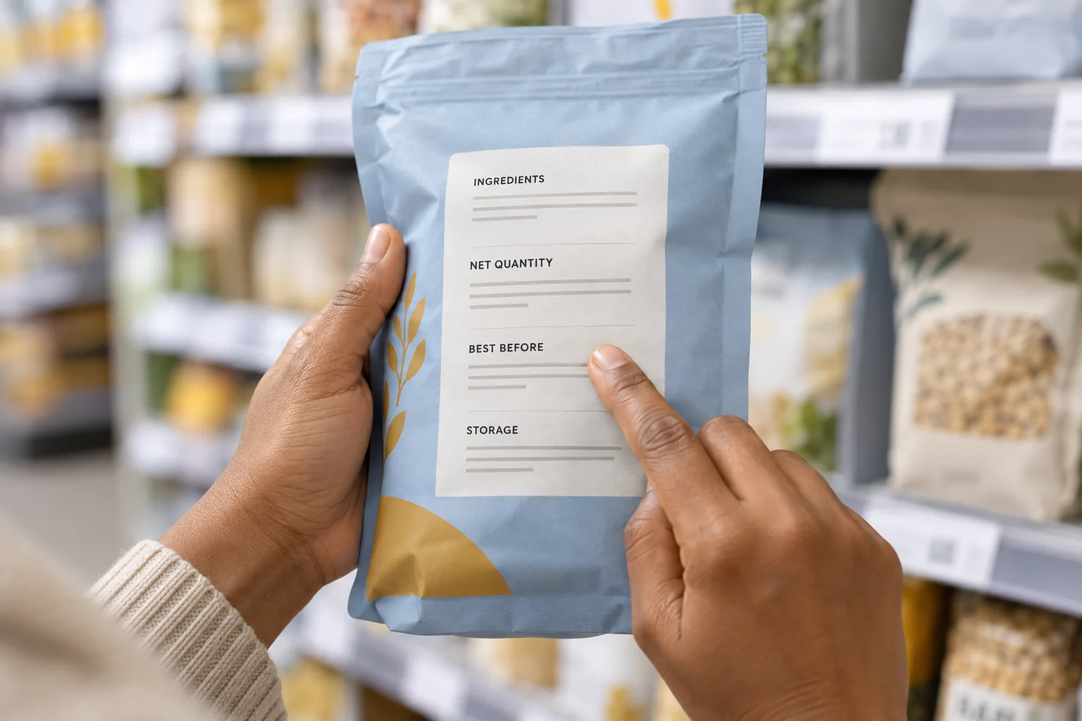 A shopper turning a pantry packet around to read its back label