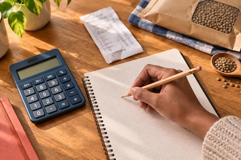 A hand comparing pantry costs with a calculator and a simple shopping note