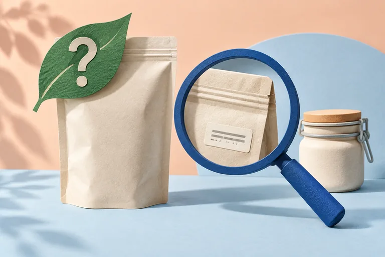 An illustrated leaf claim beside a magnifying glass inspecting packaging details