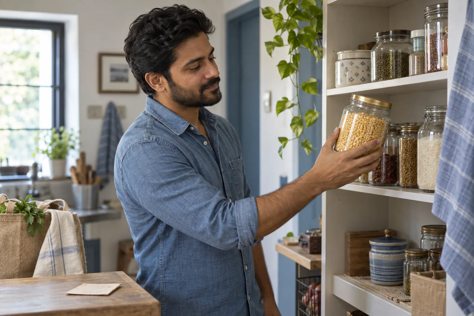 A home cook choosing one familiar ingredient from a modest pantry