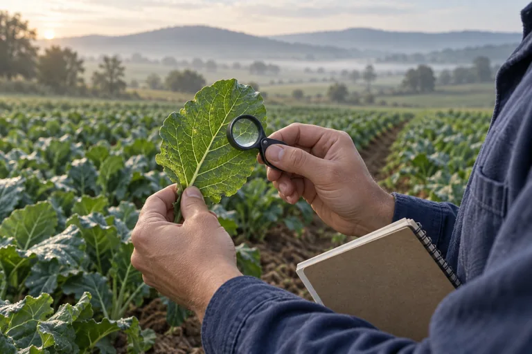 An agronomist inspecting a crop leaf with a hand lens in a field