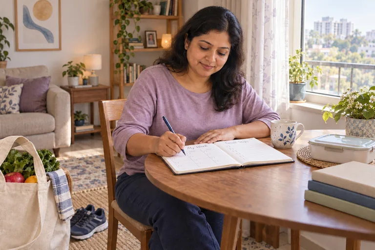 A person planning a realistic weekly routine beside a shopping bag and walking shoes