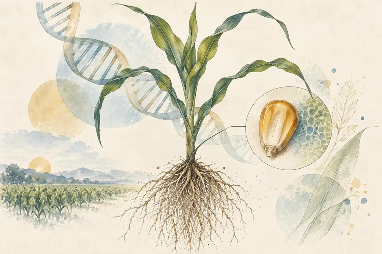 A botanical illustration connecting plant traits with a stylised DNA motif