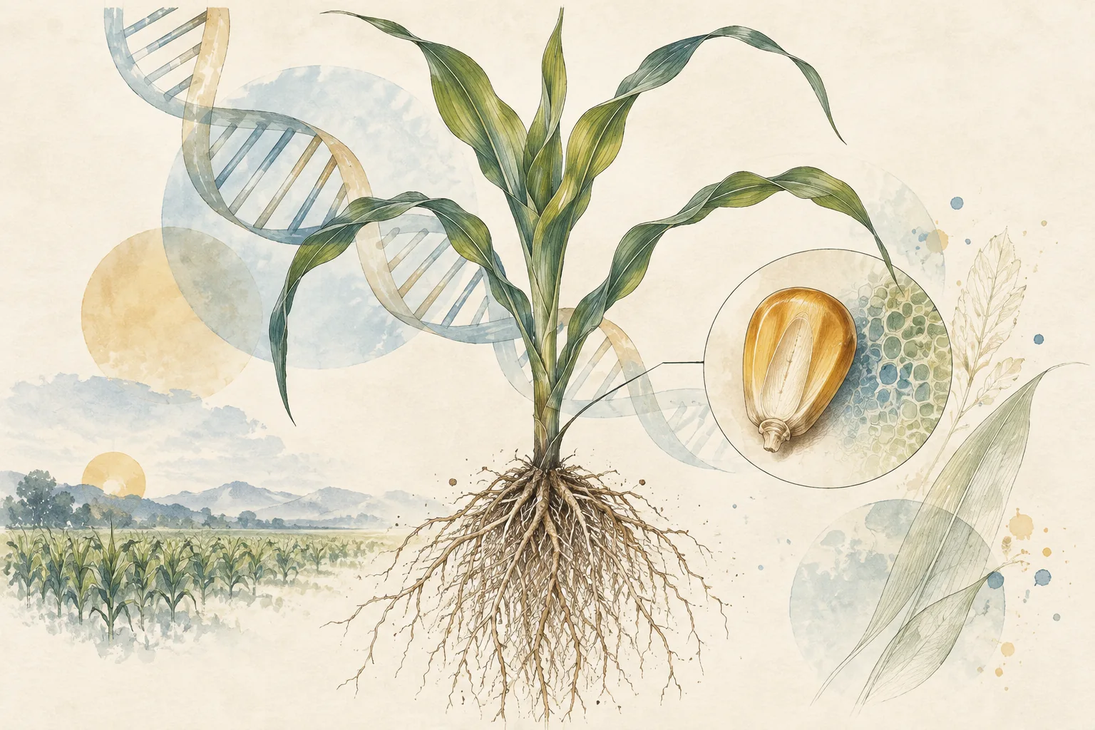 A botanical illustration connecting plant traits with a stylised DNA motif
