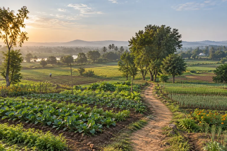 A varied farm landscape with cultivated plots, trees and a winding path