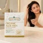 Root2Leaf Organic Aloevera Leaves Powder product pack in a lifestyle studio setting