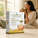 Root2Leaf Organic Ashwagandha Powder product pack in a lifestyle studio setting