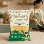 Root2Leaf Organic Chana Besan product pack in a lifestyle studio setting