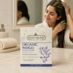 Root2Leaf Organic Indigo Leaves Powder product pack in a lifestyle studio setting