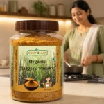 Root2Leaf Organic Jaggery Powder product pack in a lifestyle studio setting