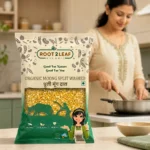 Root2Leaf Organic Moong Split Washed Dal / Moong Dal Dhuli product pack in a lifestyle studio setting