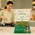 Root2Leaf Organic Moong Whole product pack in a lifestyle studio setting