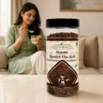 Root2Leaf Organic Roasted Flax Seeds product pack in a lifestyle studio setting