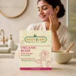 Root2Leaf Organic Rose Petals Powder product pack in a lifestyle studio setting