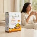 Root2Leaf Organic Turmeric (5% Curcuminoids) Powder product pack in a lifestyle studio setting