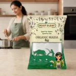 Root2Leaf Organic Wheat Maida Flour product pack in a lifestyle studio setting