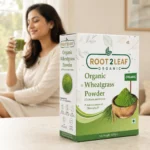 Root2Leaf Organic Wheatgrass Powder product pack in a lifestyle studio setting