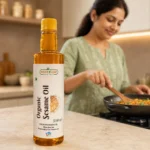 Root2Leaf Organic White Sesame Oil product pack in a lifestyle studio setting